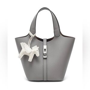 Gray Vegan Leather Top Handle Bucket Bag | Chic Luxe Look Tote